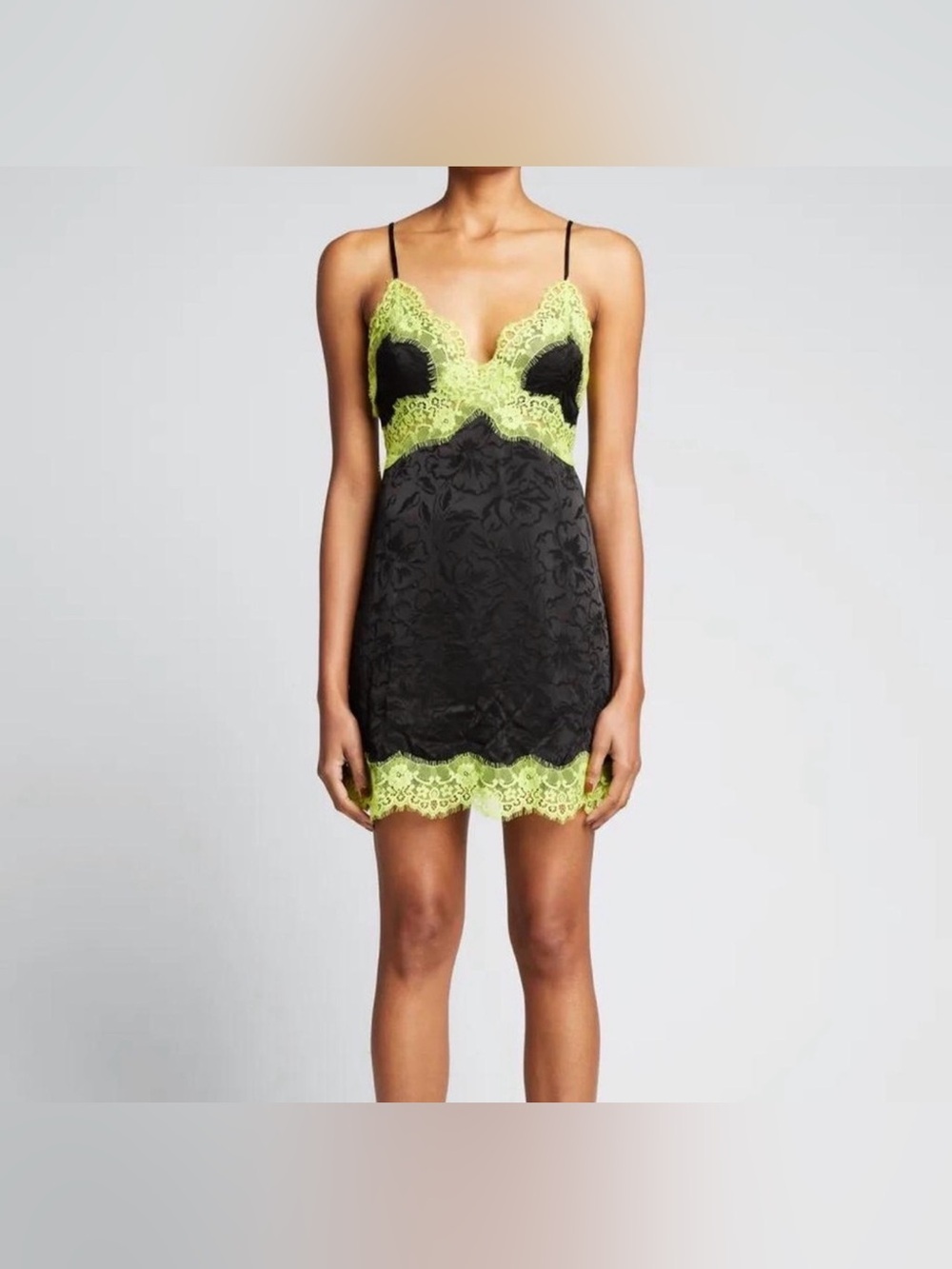 Alice + Olivia Zaira Lace Trim Mini Dress – Black / Lime Punch - Picture 5 of 8